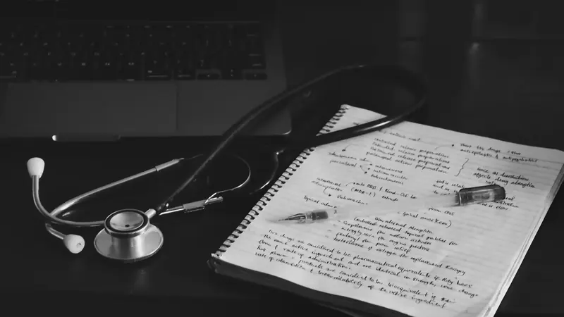 Stéthoscope posé sur un cahier de notes manuscrites, à côté d'un ordinateur portable